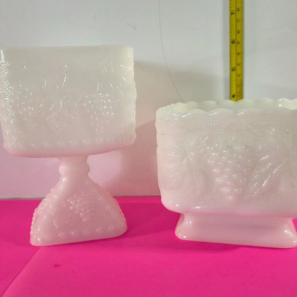 Two 4" and 6" White Grapes and Leaves Milk Glass Candy Dishes
